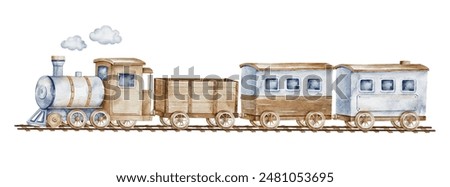 Watercolor Wooden Train Toys, Baby game wooden retro trains. Clipart for greeting card, baby shower, invitation, birthday