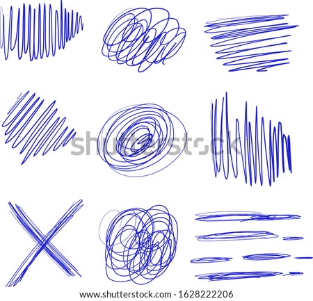 Set of vector hand draw blue pen strikethrough. Same sketch bug fix different form - circle, square and cross. Graphic signs for text and clip art. Collection doodle element of Kids scrawl.