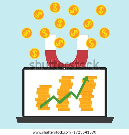 attraction of investments concept.  magnit  attracts money and performance growth on laptop .  Cute illustration in flat style. 