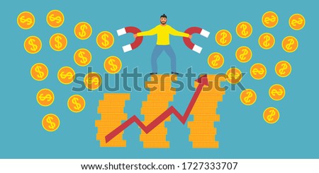attraction of investments concept. Man on column of coins with big magnit  attracts money and performance growth .  Cute illustration in flat style. 