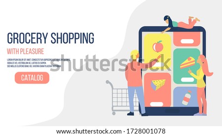 Landing for Online grocery shopping concept. Family chooses foodstuff in app supermarket on the tablet . Man, woman and little girl add to card 
different goods.  Cute illustration in flat style.