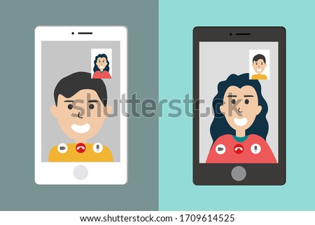 Men and women are making video calls on their smartphones, two frames, black and white smartphones, vector illustration.