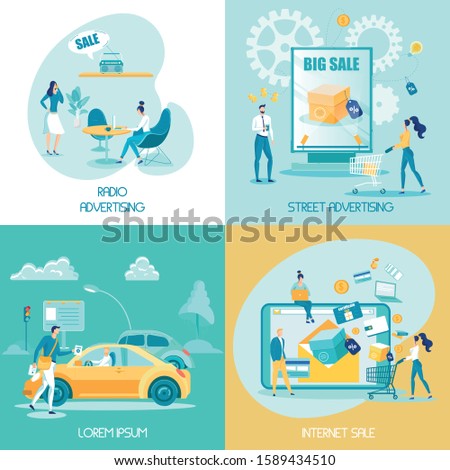 Street Advertising Flat Social Media Banners Set. Outdoor Promotion. Radio Announcement. Internet Sales, Digital Shopping, E Commerce. Online Payment, Remote Store. Promoters Cartoon Characters