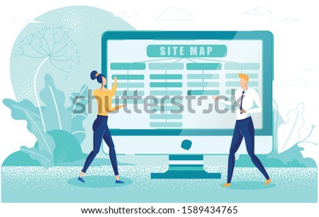 Man and Woman Discussing Site Map Creation Strategy. Flowchart Sitemap on Digital Computer Monitor. Workflow Process. Designers Creative Team. Cartoon Floral Design Vector Flat Illustration