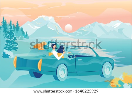 Guy and Girl Meet Sunset in Car on Lake, Banner. Couple is Sitting in Convertible on Shore Pond. They Watch Sun Hide behind High Snowy Mountains. Man Takes one Hand behind his Beloved.