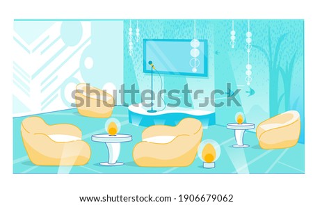 Music Hall with Cozy Guests Seats and Stage Design Interior. Comfortable Soft Armchairs and Tables with Decorative Luminaire. Microphone on Stand for Performance. Vector Cartoon Flat Illustration