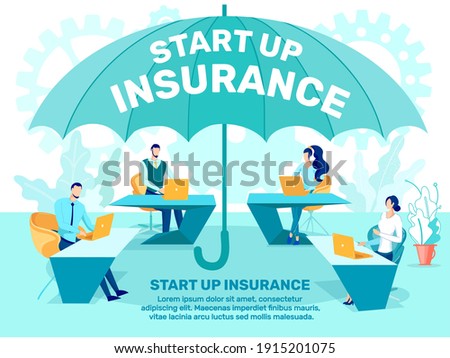 Startup Insurance, Financial Investments Risks Analysis, Business Safety Guaranties Flat Vector Advertising Banner, Promo Poster Template with Company Employees Working Under Umbrella Illustration