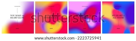 Set of Romantic Colorful Cards About Love with Bright Gradients and Quotes. Vector Abstract Patterns with Color Gradient