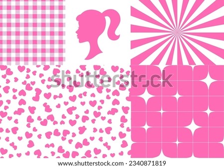 Set of Trendy Barbie Doll Elements. Vector Pink Cartoon Illustrations in Barbiecore Style. Girl Silhouette Sticker, Plaid, Checker, Stars and Hearts Seamless Patterns.