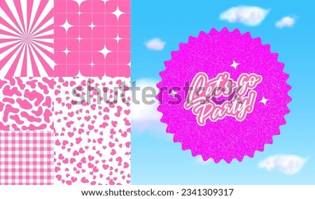 Set of Trendy Barbie Doll Elements. Vector Pink Cartoon Illustrations in Barbiecore Style. Let's Go Party Sticker, Checker, Stars, Geometric and Hearts Seamless Patterns. Shiny Poster in the Sky.