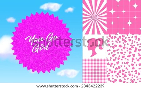 Set of Trendy Barbie Doll Elements. Vector Pink Cartoon Illustration in Barbiecore and Pinkcore Style. Girl Silhouette Sticker, Checker, Stars and Hearts Seamless Patterns. Shiny Geometric in the Sky.