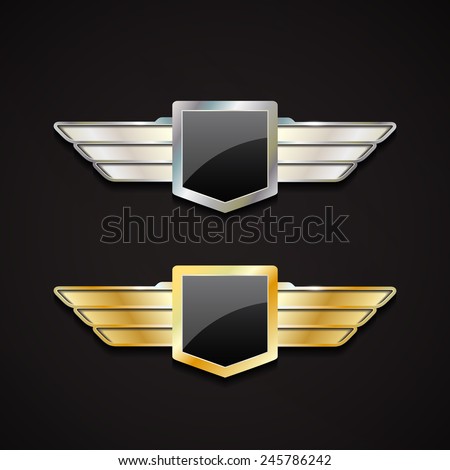 Set of gold and silver emblems with wings. 3d  vector logo with glossy shield.