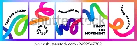 Posters with Rainbow Colored Gradient Lines. Abstract Dynamic Colorful 3d Shapes on White Background