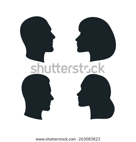 Black Isolated Faces Profiles. Men, Woman, Family Silhouettes. Vector Male and Female Signs.