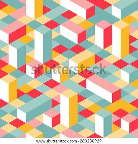 Colorful Isometric Seamless Pattern. Random Puzzle Vector Background. Geometric Graphic Pixel Lego Blocks.