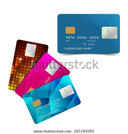Set of Colorful Credit Cards Isolated on White. Vector Illustration of Plastic Bank Card with Pigeon. Cashless Payment Icon.