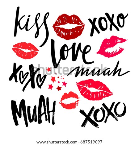 Handwritten Grunge Brush Lettering with Red Woman Lips. Vector Lipstick Kisses Isolated on White Background. XOXO, Love, Kiss and Muah Phrases on Valentines Day.