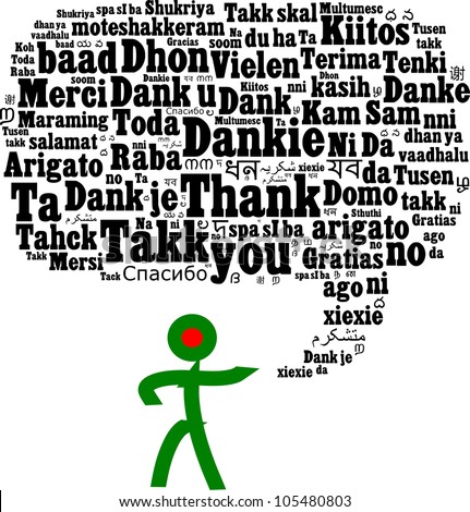 Thank you in multiple languages composed in the shape of speech bubble