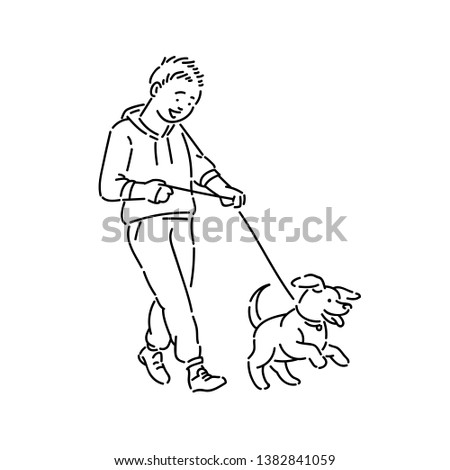 Boy walking dog puppy on leash. Promenade with pet line art style character vector black white isolated illustration.