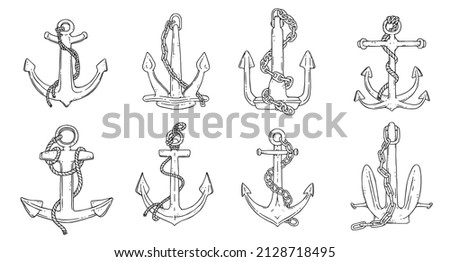 Set of anchors with rope and iron chain. Vector black white doodle sketch outline isolated illustration.