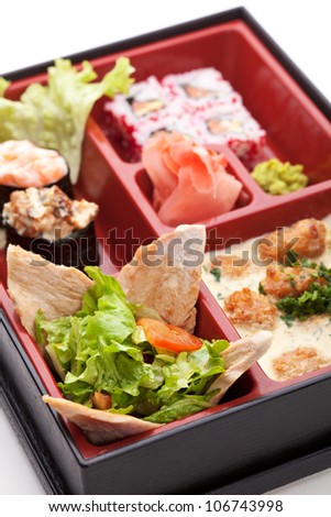 Japanese Meal in a Box (Bento) - Salad, Maki and Gunkan Sushi, Meats Ball
