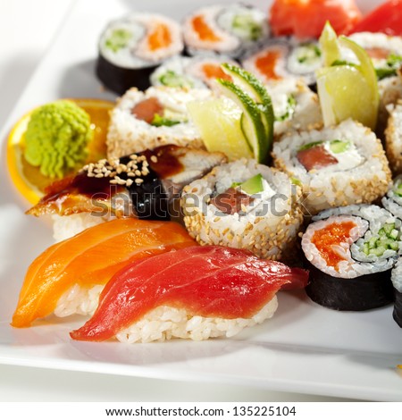Sushi Set - Maki Sushi (alaskan roll, yin yang roll) and Nigiri Sushi (tuna, salmon, eel).
