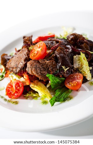 Veal and Mushrooms Salad with Mixed Salad Leaves and Cherry Tomato