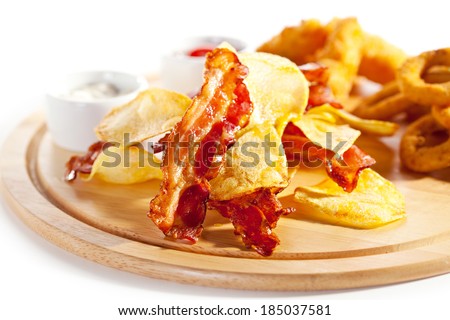 Deep Fried Onion Rings, Cheese Balls, Potato Chips, Bacon Chips and Tar-tar Sauce