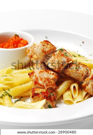 Hot Meat Dish - Grilled Pork with Pasta Penne and Red Chile Sauce
