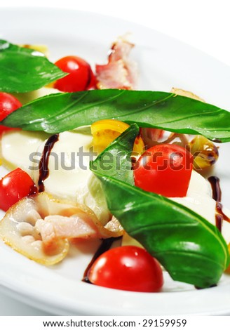 Salad with Cherry Tomato, Buffalo Cheese, Bacon and Vegetable Leaf. Isolated on White Background