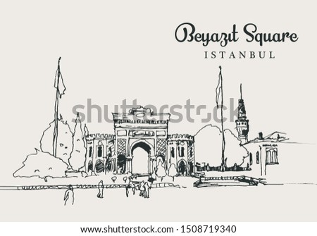 Drawing sketch illustration of the main gate of Istanbul University at Beyazit Square, ıstanbul
