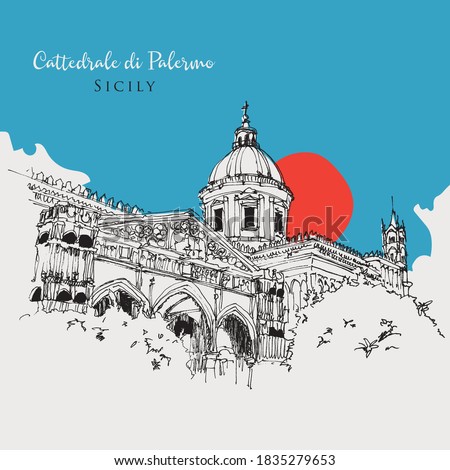 Vector hand drawn sketch illustration of Palermo Cathedral or Cattedrale di Palermo, Sicily