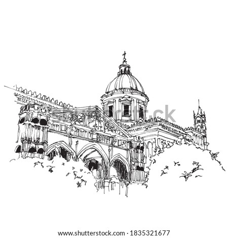 Vector hand drawn sketch illustration of Palermo Cathedral or Cattedrale di Palermo, Sicily