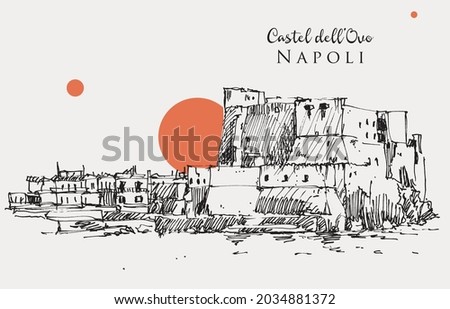 Vector hand drawn sketch illustration of Castel dell'Ovo in Naples, Italy