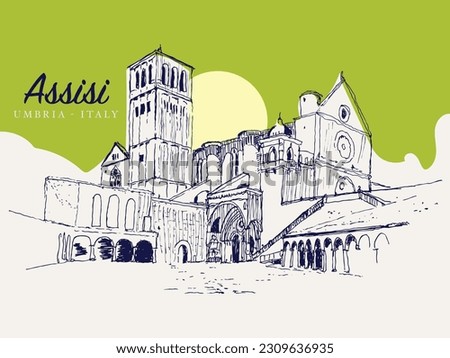 Vector hand drawn sketch illustration of the Basilica of San Francesco in Assisi, Liguria, Umbria, Italy.