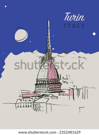 Vector hand drawn sketch illustration of the Turin city in the Piedmont region of Italy.