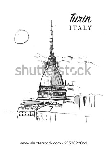 Vector hand drawn sketch illustration of the Turin city in the Piedmont region of Italy.