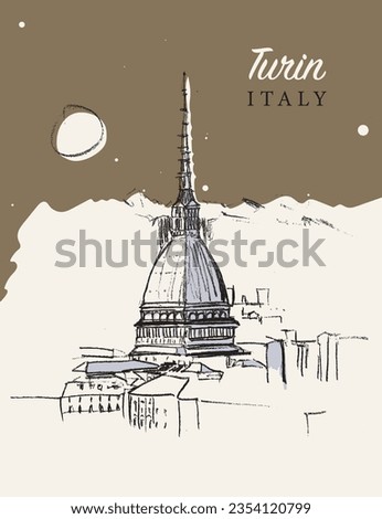 Vector hand drawn sketch illustration of the Turin city in the Piedmont region of Italy.