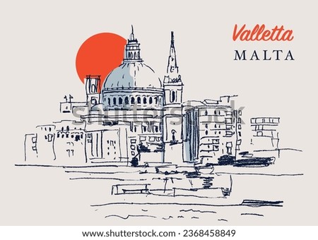Vector hand drawn sketch illustration of the dome of St. Paul's cathedral in Valletta, the capital of Malta.
