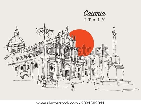 Vector hand drawn sketch illustration of Piazza del Duomo in Catania, Sicily, Italy.