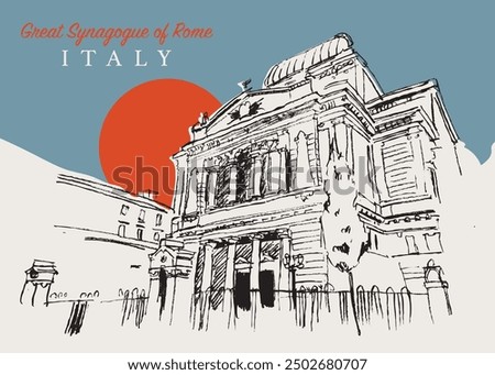 Vector hand drawn sketch illustration of the Great Synagogue of Rome, Italy.