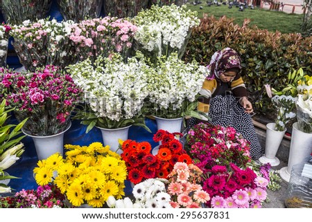 ISTANBUL - FEB 26: A lady vendor sells flowers in the streets of Kadikoy in Istanbul, Turkey on February 26, 2015. Istanbul generates 21.2% of Turkey\'s gross national product.