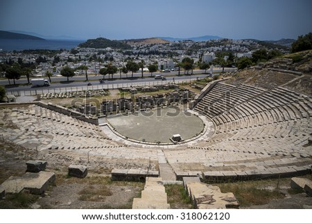 Bodrum, Turkey - June 23, 2014: Built in the 4th century (B.C.), Bodrum Amphitheatre offers one of the best sights located in central Bodrum, 3 km. from Gumbet district.