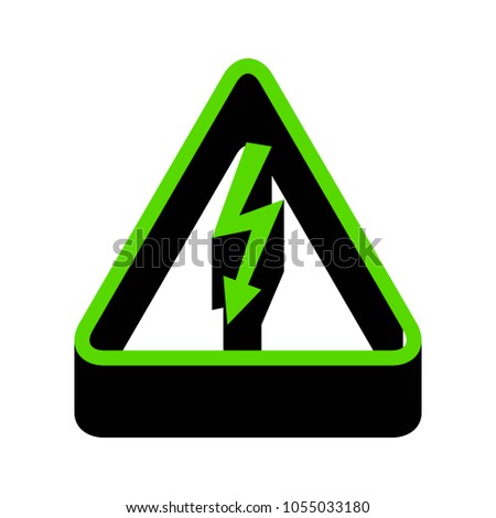 High voltage danger sign. Vector. Green 3d icon with black side on white background. Isolated.