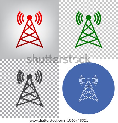 Antenna sign illustration. Vector. 4 styles. Red gradient in radial lighted background, green flat and gray scribble icons on transparent and linear one in blue circle.