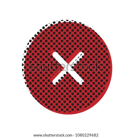 Cross sign illustration. Vector. Brown icon with shifted black circle pattern as duplicate at white background. Isolated.