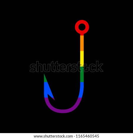 Fishing Hook sign illustration. Vector. Icon with colors of LGBT flag at black background.