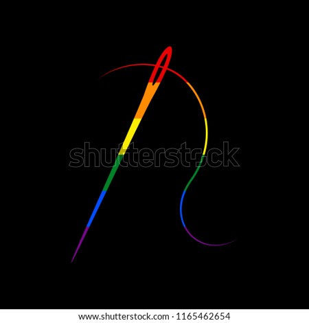 Needle with thread. Sewing needle, needle for sewing. Vector. Icon with colors of LGBT flag at black background.