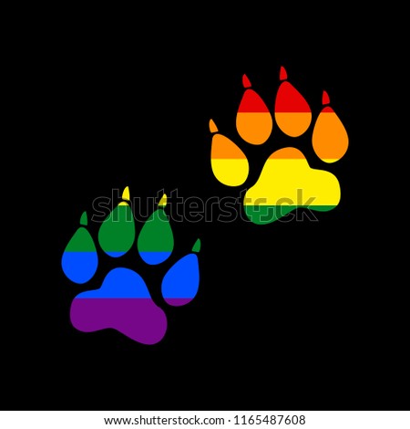Animal Tracks sign. Vector. Icon with colors of LGBT flag at black background.