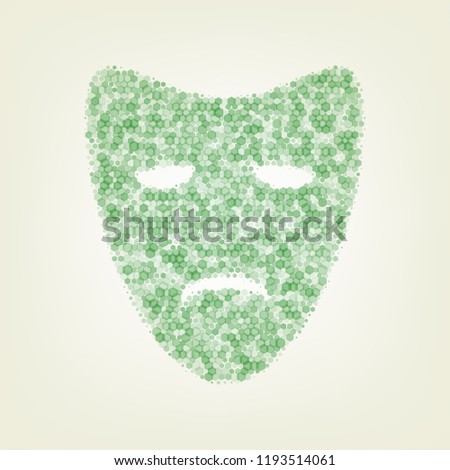 Tragedy theatrical masks. Vector. Green hexagon rastered icon and noised opacity and size at light green background with central light.